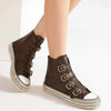 Beast Fashion Multi-Buckle Straps Studded Platform Sneakers - Dark Brown