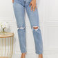 High Rise Distressed Slim Straight Jeans with Light Wash, Perfect Fit and Knee Rips for Trendy Look