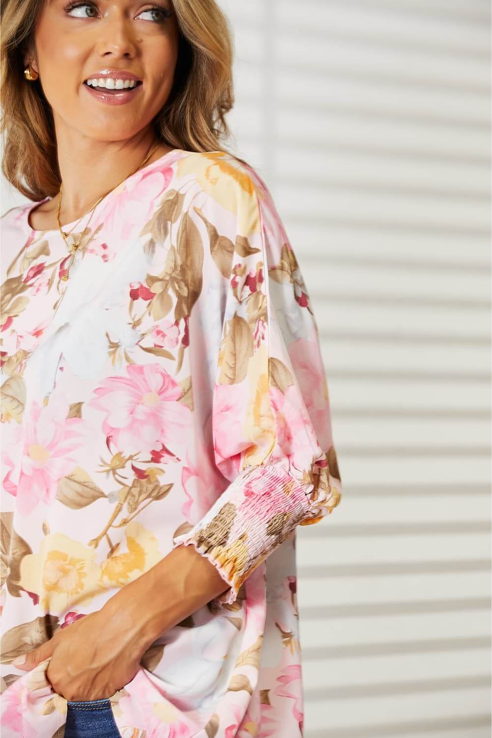 DOUBLE TAKE Floral Round Neck Three-Quarter Sleeve Top at Bella Road