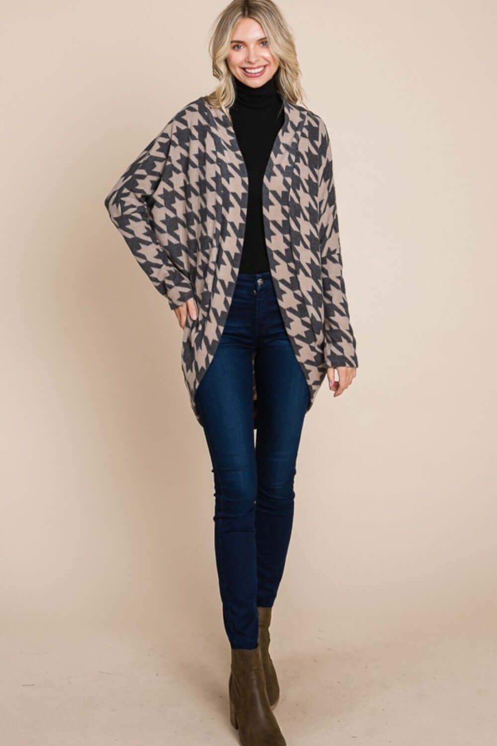 Woman wearing BOMBOM houndstooth open front cocoon knit cardigan with chic style and relaxed fit for versatile layering.