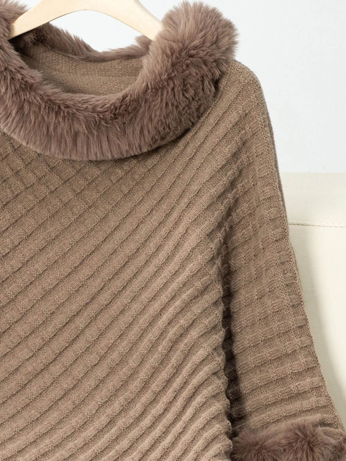 Cozy Bella Road Fuzzy Trim Poncho with a unique texture and stylish collar, perfect for chilly days.