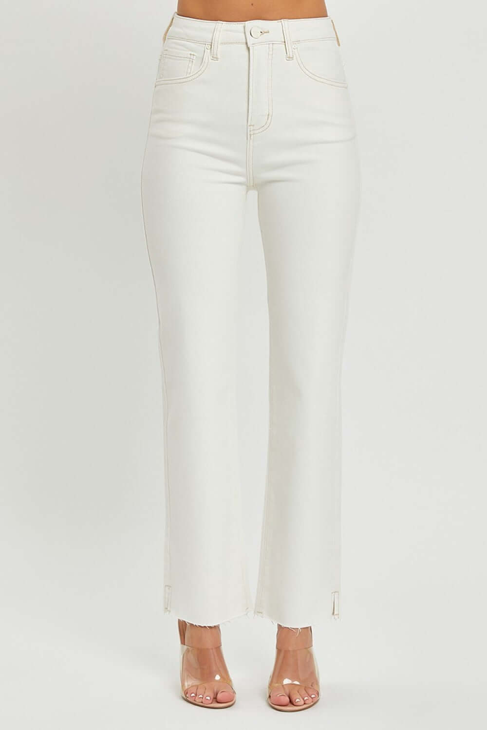 Risen full-size high-rise tummy control straight jeans with raw hem detail and slight stretch in white. Perfect for any occasion.