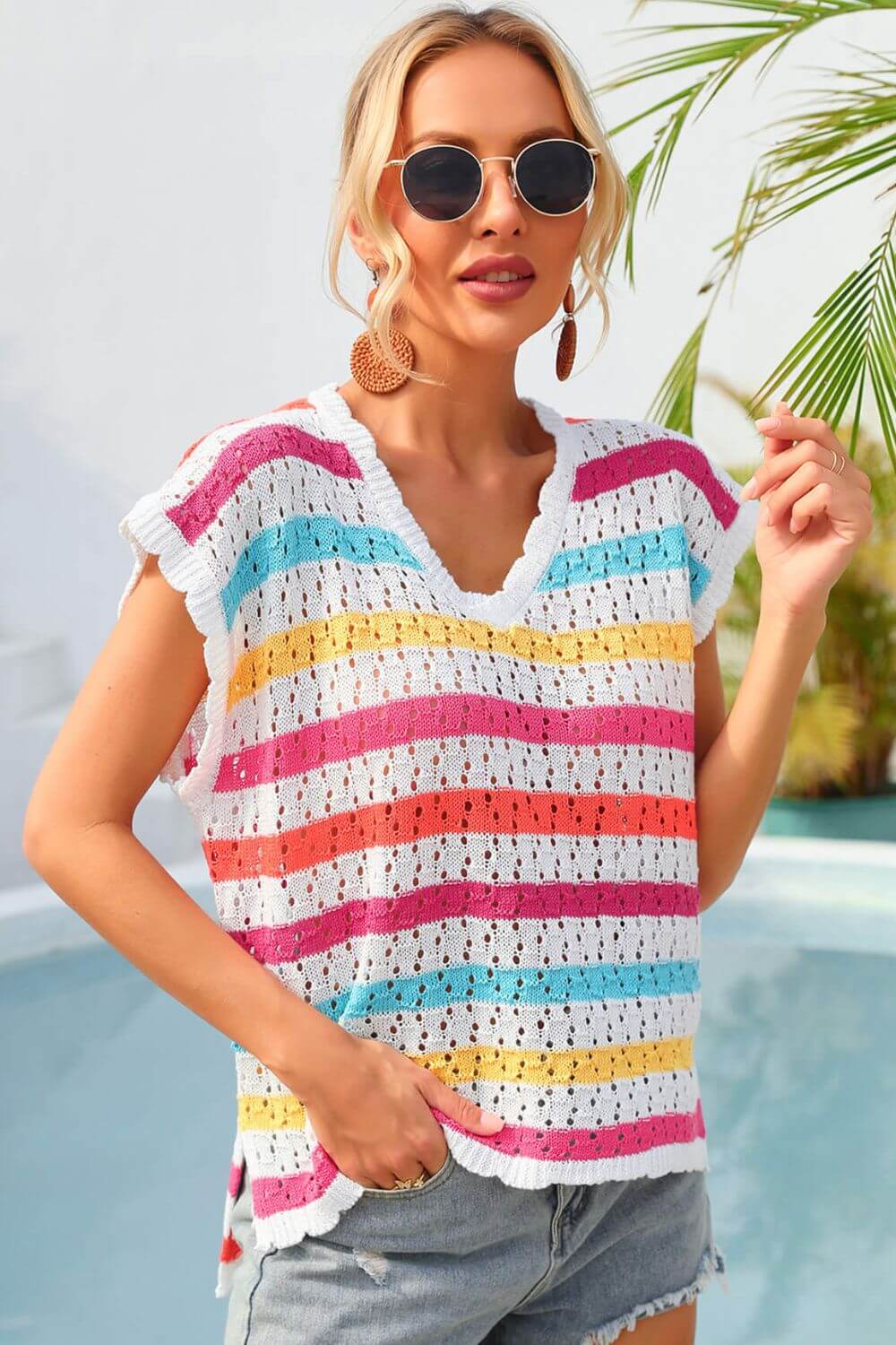 BELLA ROAD Striped V-Neck Slit Cover Up at Bella Road