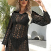 Openwork Scalloped Trim Long Sleeve Cover-Up Dress - Black