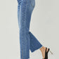 High Waist Raw Hem Slit Straight Jeans by Risen Jeans, side view with black heeled shoes, trendy and stylish denim for a flattering fit.