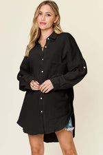 DOUBLE TAKE Full Size Pocketed Texture Button Up Shirt at Bella Road