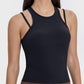 Millennia Cutout Round Neck Racerback Active Tank in black, showcasing unique cutout design and comfortable fit for workouts.