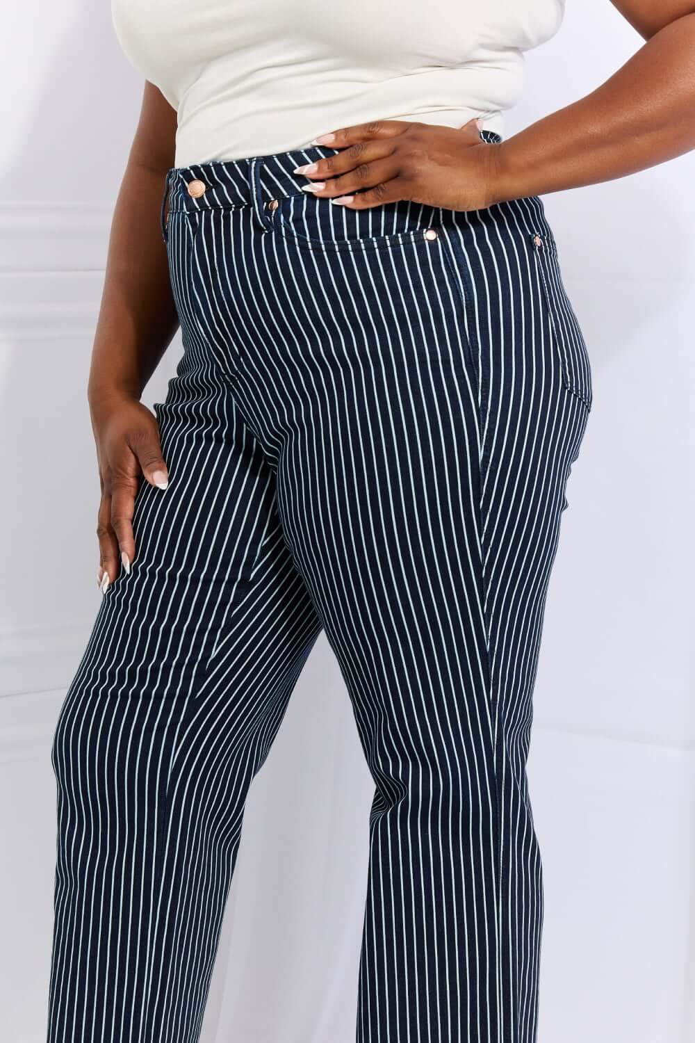 Cassidy Full Size High Waisted Tummy Control Striped Straight Judy Blue Jeans for Women