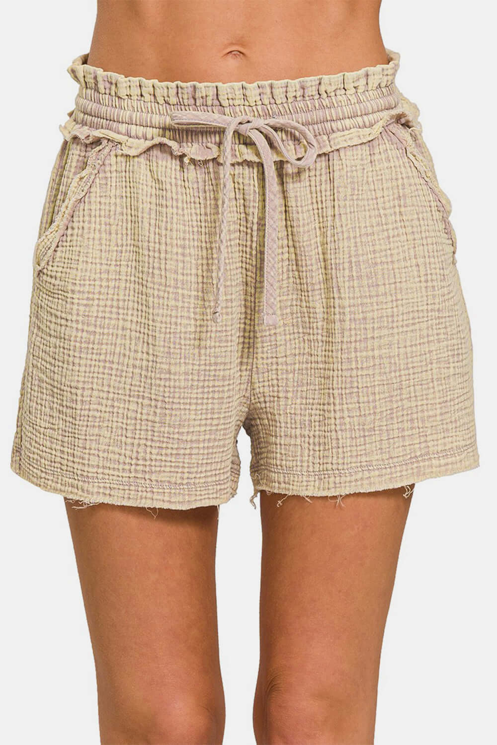 ZENANA Washed Frayed Hem Drawstring Shorts at Bella Road