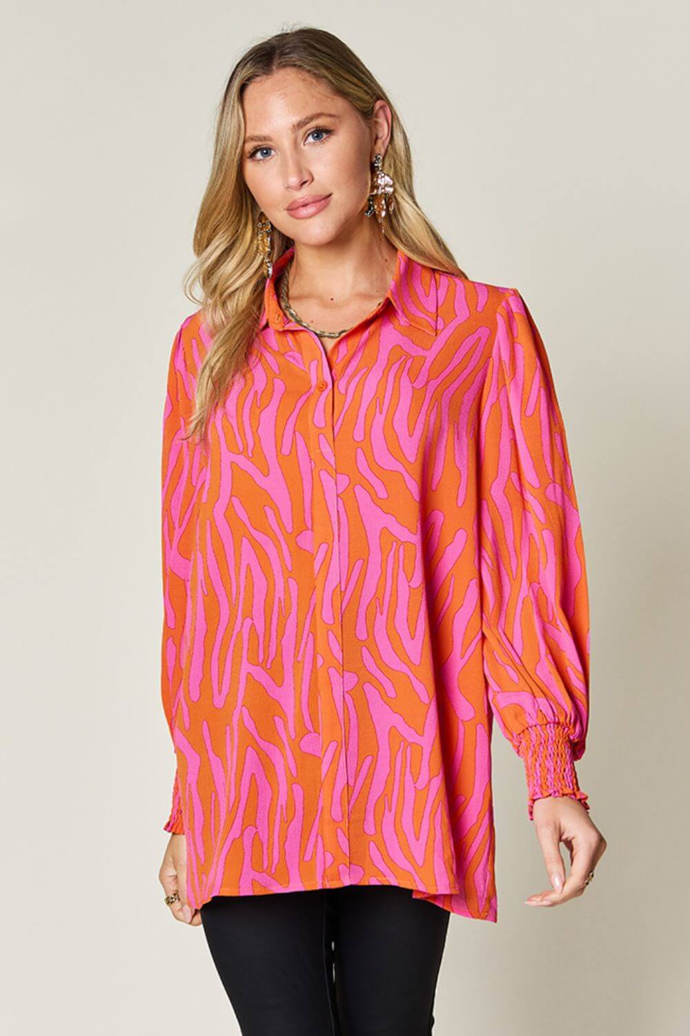 DOUBLE TAKE Full Size Printed Smocked Long Sleeve Blouse at Bella Road