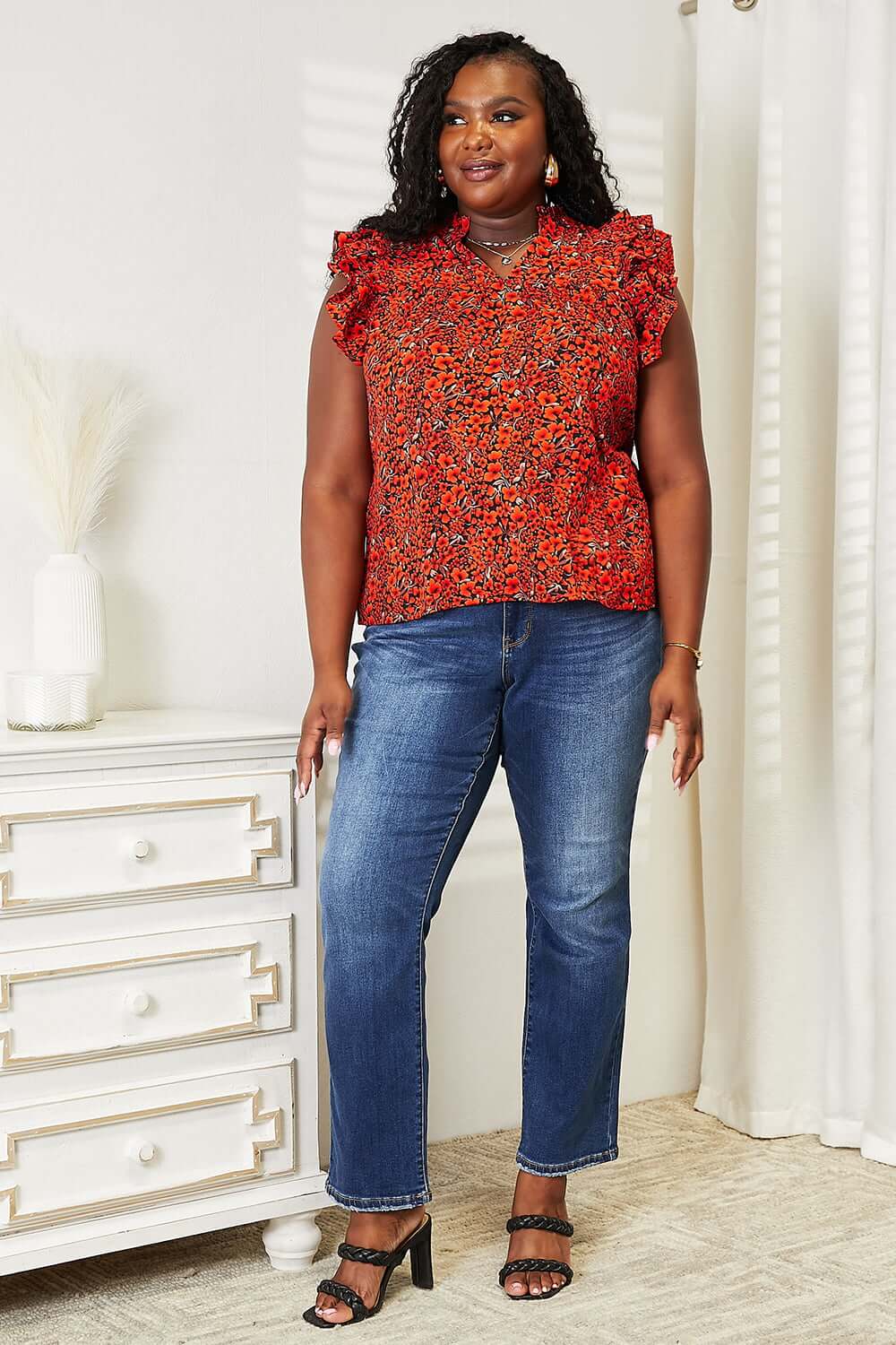 DOUBLE TAKE Floral Flutter Sleeve Notched Neck Blouse at Bella Road