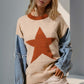 Woman wearing Double Take Full Size Star Pattern Raw Edge Long Sleeve Sweater with unique design and star motif.