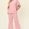 Texture Short Sleeve Top and Pants Set | Full Size - Dusty Pink