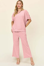 DOUBLE TAKE Full Size Texture Short Sleeve Top and Pants Set at Bella Road