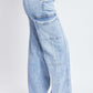 High-rise straight leg jeans with elastic waistband, front seams, patch pockets, and side cargo pockets by YMI Jeans.