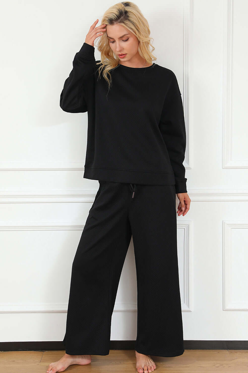 DOUBLE TAKE Full Size Textured Long Sleeve Top and Drawstring Pants Set at Bella Road