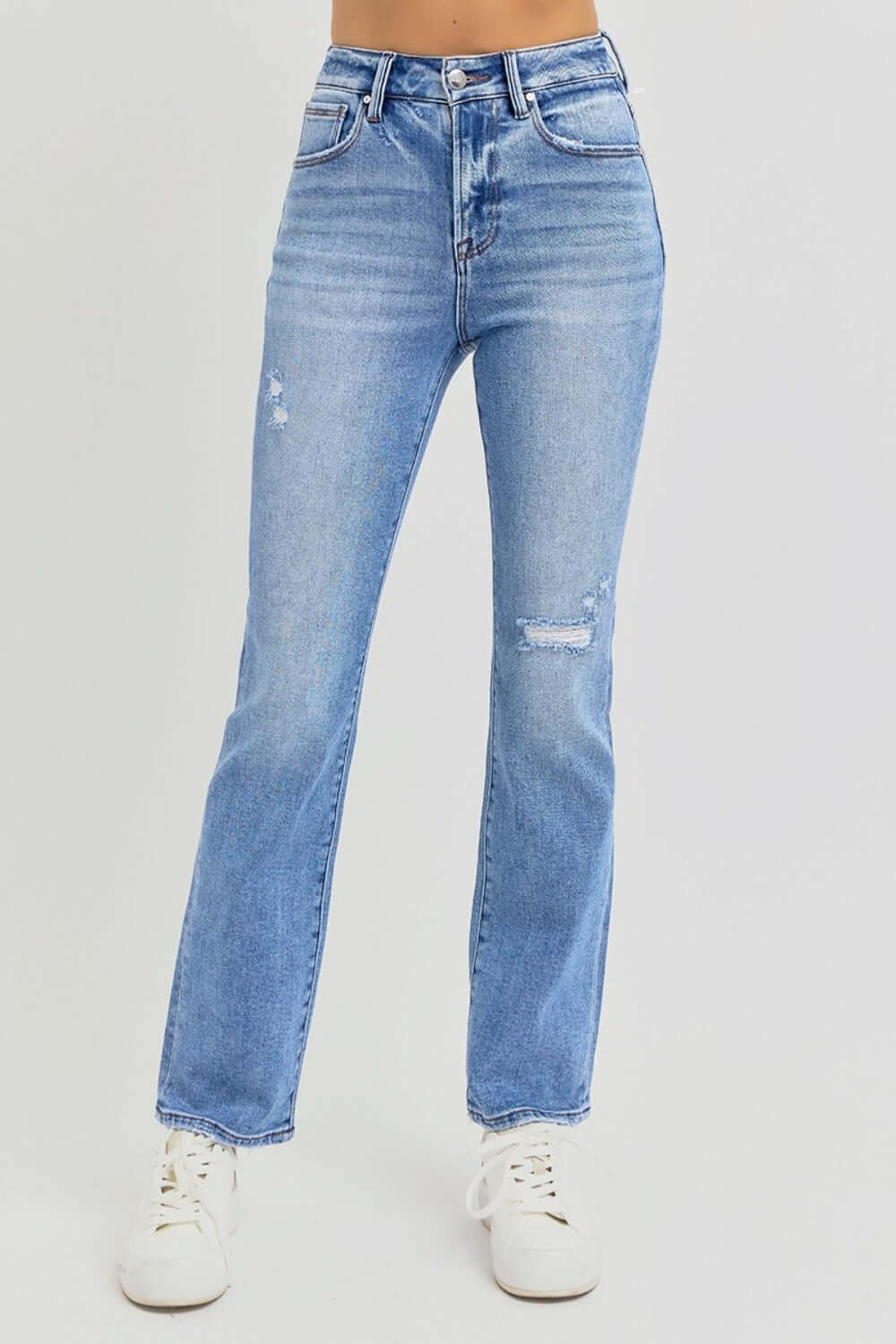 Distressed high-rise ankle straight jeans with vintage vibe and flattering fit, perfect for casual and trendy styling.