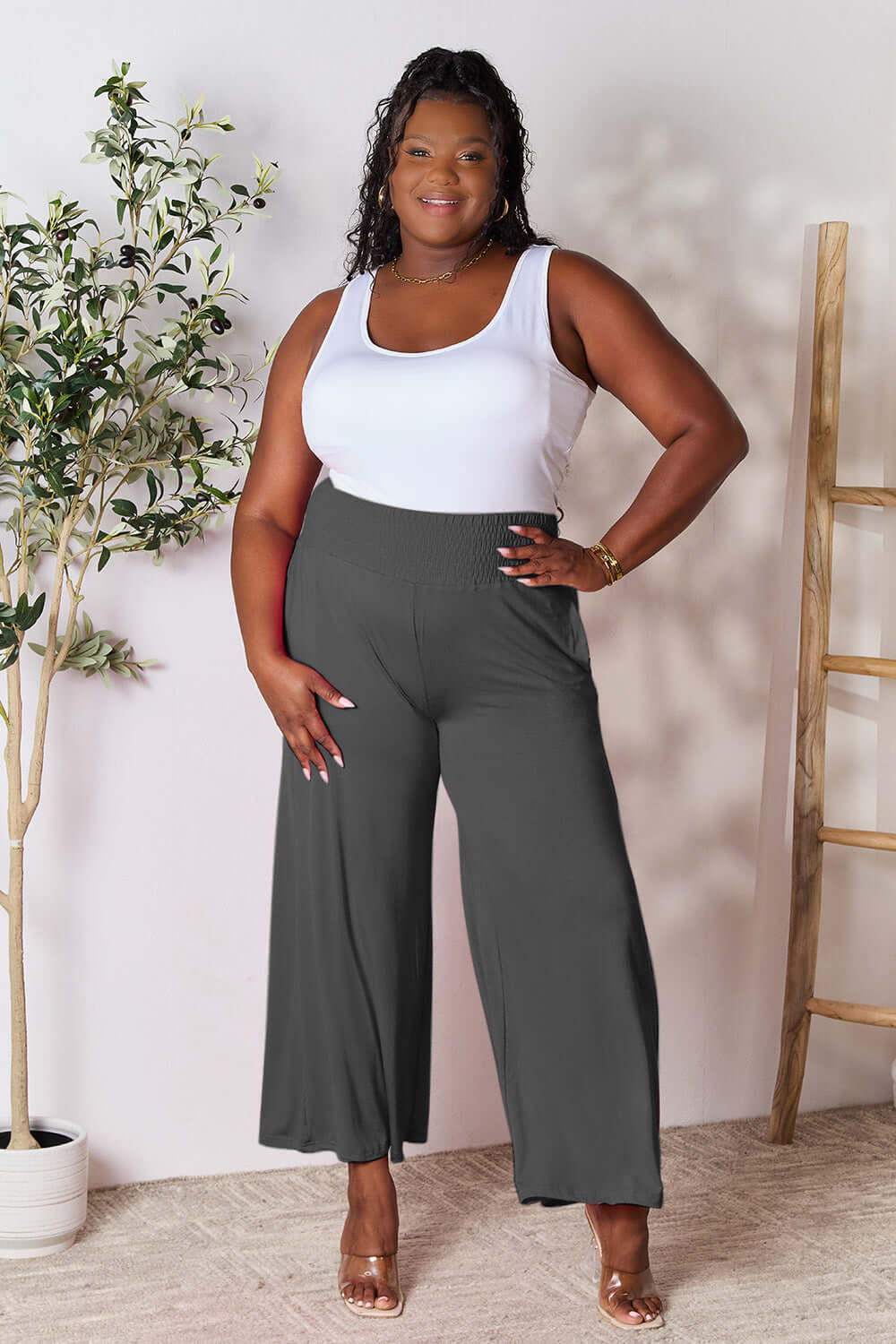 DOUBLE TAKE Full Size Smocked Wide Waistband Wide Leg Pants at Bella Road