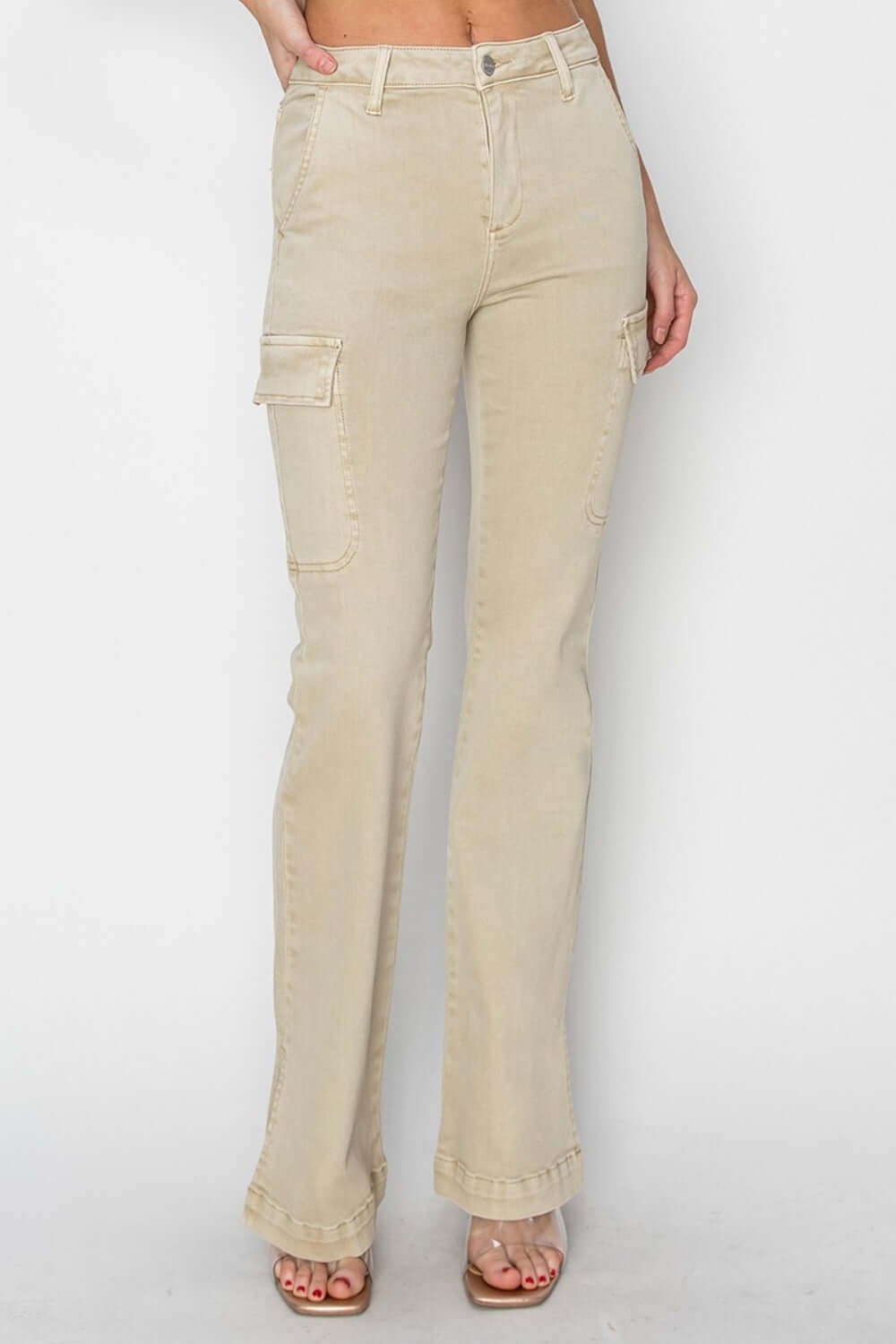 Risen Jeans high-rise side slit cargo bootcut jeans in beige with trendy side slits and utility pockets, stylish and versatile denim