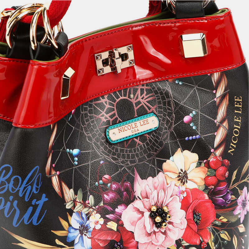 Nicole Lee USA bucket bag with floral and dreamcatcher design, featuring a vibrant boho spirit theme and red accents.