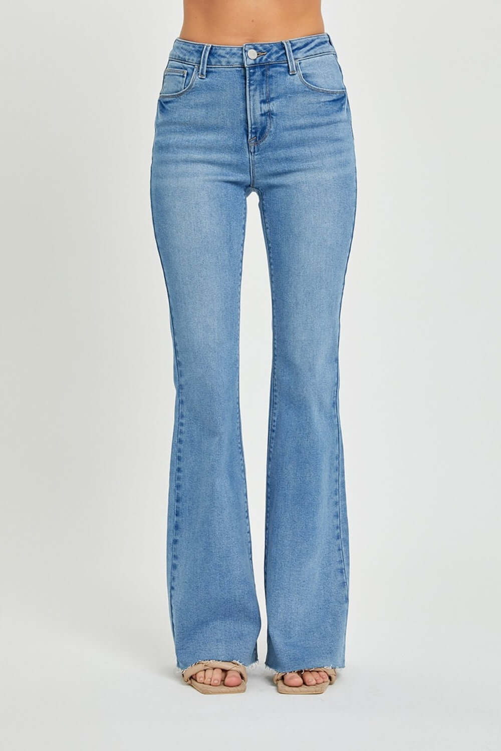 High Rise Raw Cut Hem Bootcut Risen Jeans with Flattering Fit and Trendy Retro-Inspired Look