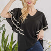 V-Neck Lace Trim Flutter Sleeve Top | Full Size - BLACK