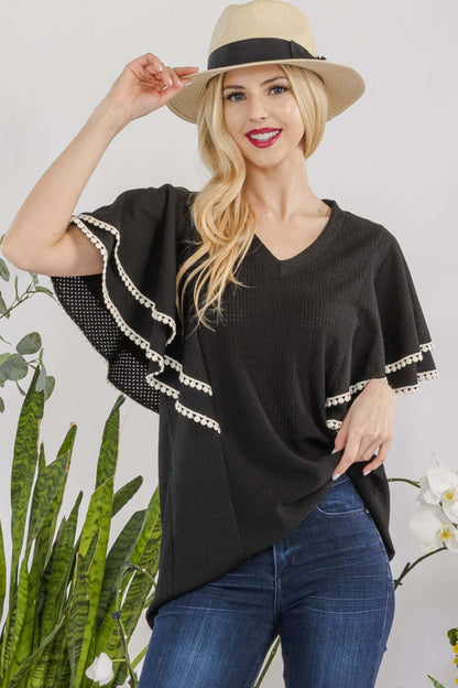 CELESTE Full Size V-Neck Lace Trim Flutter Sleeve Top at Bella Road