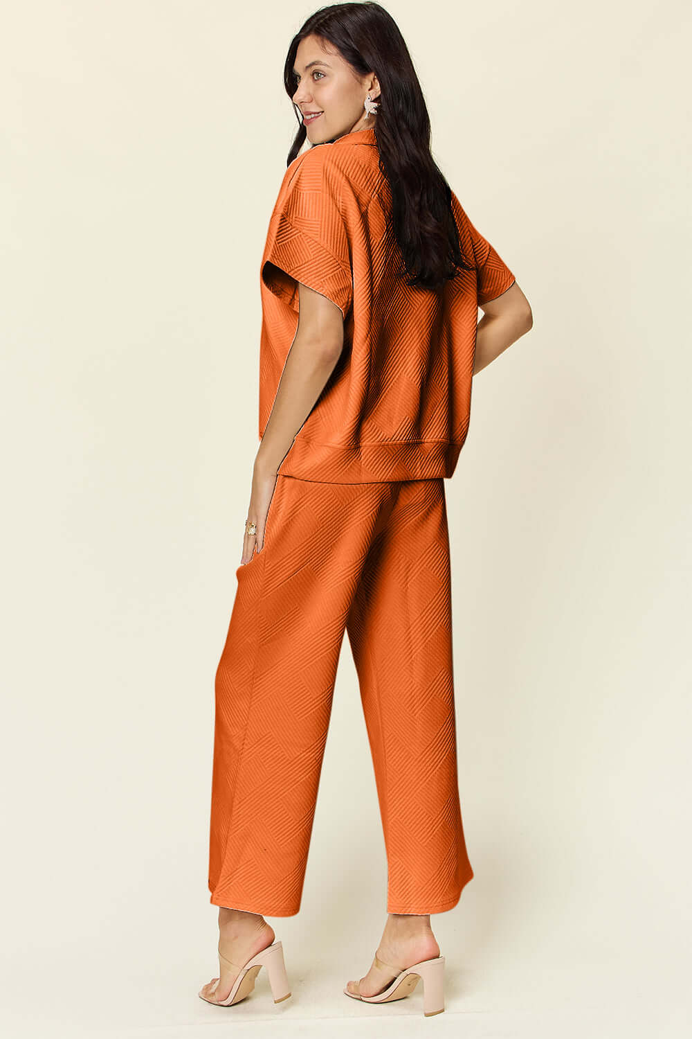 DOUBLE TAKE Full Size Texture Half Zip Short Sleeve Top and Pants Set at Bella Road