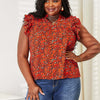 Floral Flutter Sleeve Notched Neck Blouse - Red Orange