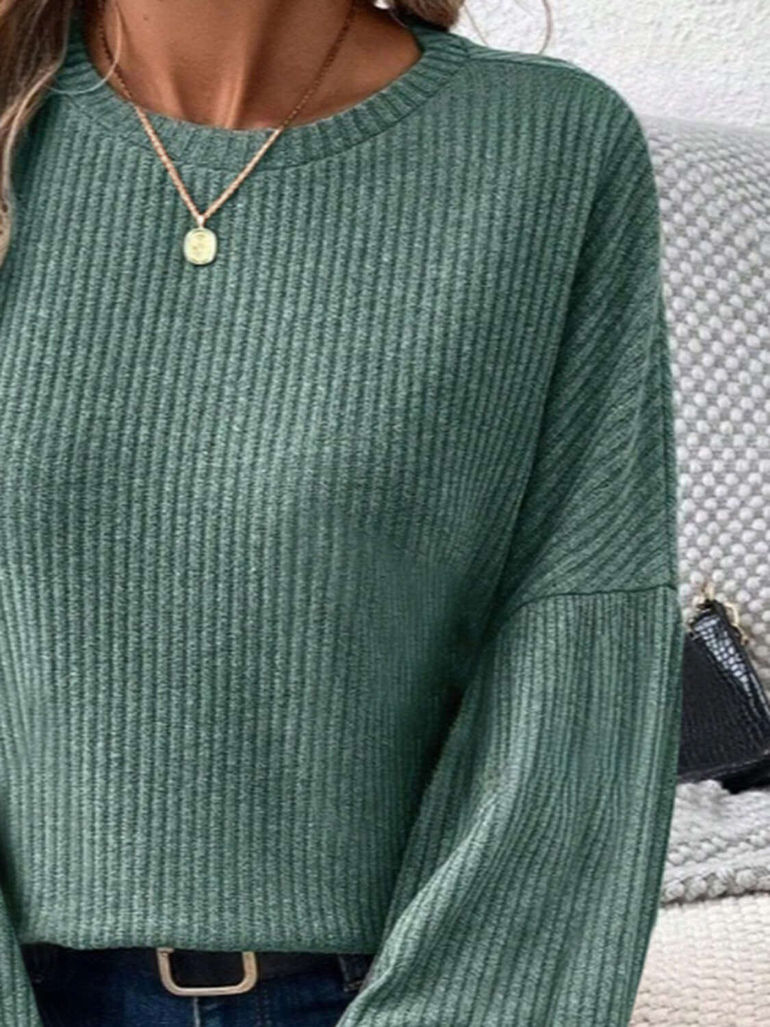 Bella Road Ribbed Round Neck Lantern Sleeve T-Shirt in green worn by model with necklace