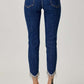 Back view of RISEN Full Size Embellished Mid Rise Crop Skinny Jeans with fringe hem and mid-rise fit showing two back pockets.