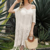 Eyelet Fringe Hem Longline Knit Cover Up - Cream