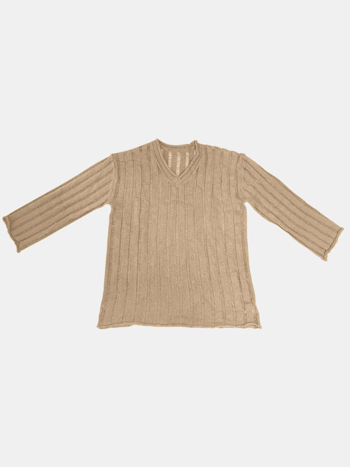 Tan Bella Road V-Neck Long Sleeve Sweater with Distressed Design, Perfect for Fall Fashion, Slightly Stretchy, 100% Acrylic