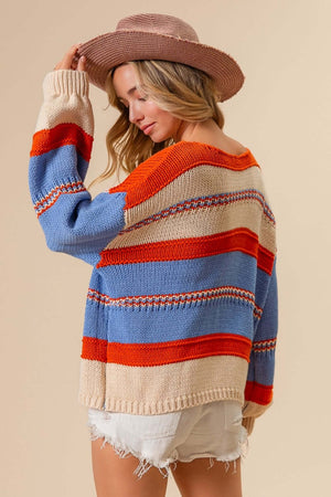 Woman wearing a colorful striped scoop neck sweater and a hat, seen from behind.