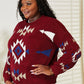 Woman wearing HEYSON Full Size Aztec Soft Fuzzy Sweater with vibrant pattern and cozy texture.