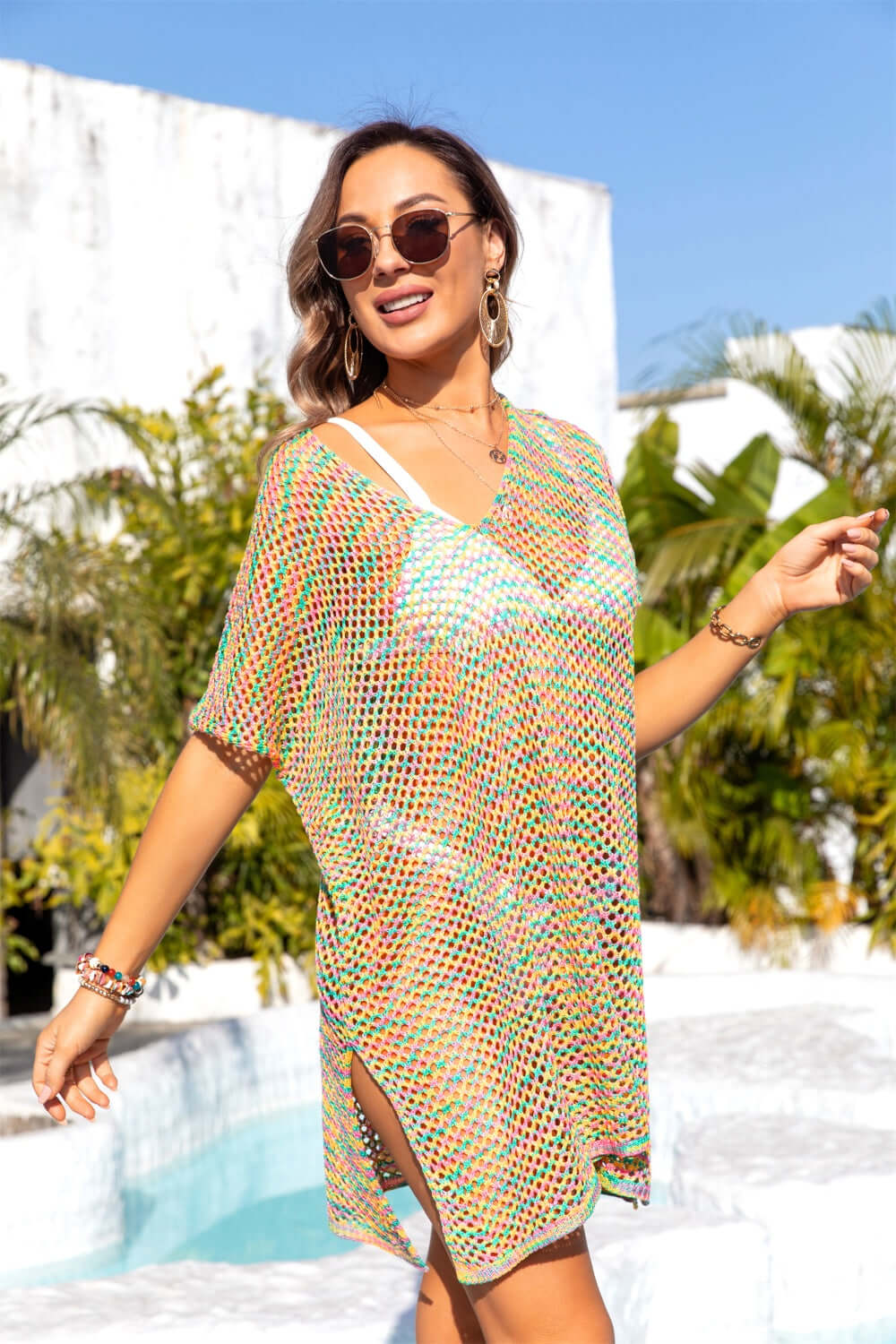 BELLA ROAD Slit Openwork V-Neck Short Sleeve Cover Up at Bella Road