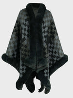 Bella Road Fuzzy Checkered Long Sleeve Poncho in green and gray, perfect for cozy fall outfits. Stylish and warm accessory!