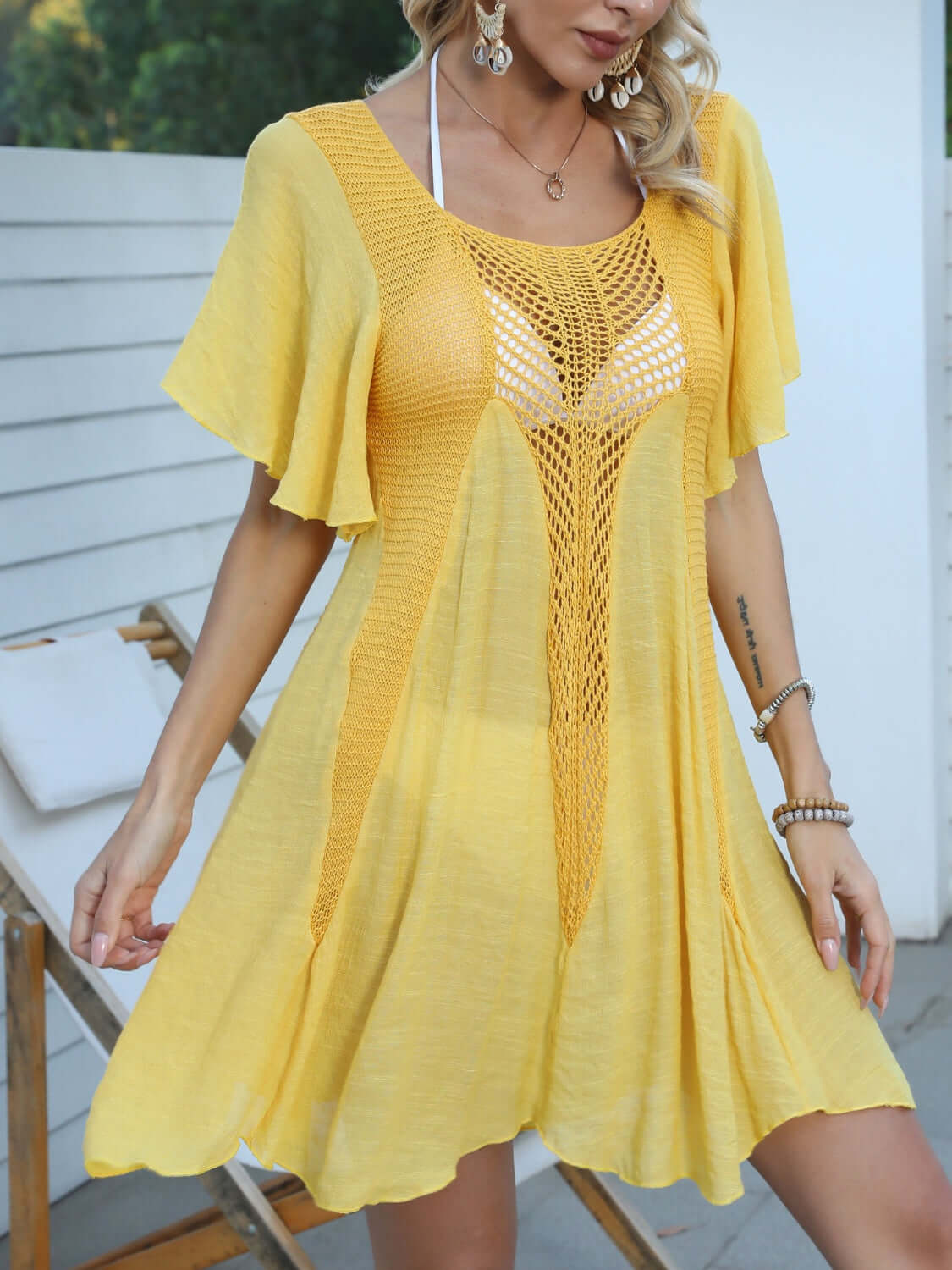 BELLA ROAD Openwork Flutter Sleeve Cover-Up Dress at Bella Road