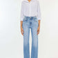 Woman wearing High Waist Raw Hem Straight Jeans with white shirt and sunglasses for a stylish and versatile look