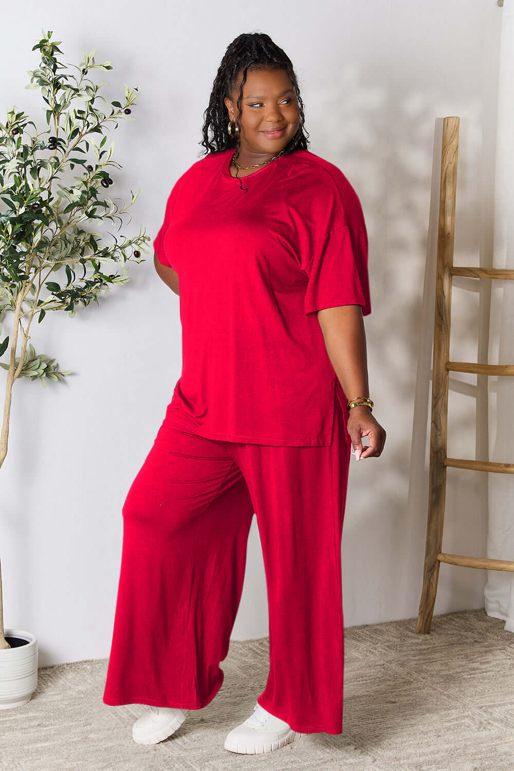 DOUBLE TAKE Full Size Round Neck Slit Top and Pants Set at Bella Road