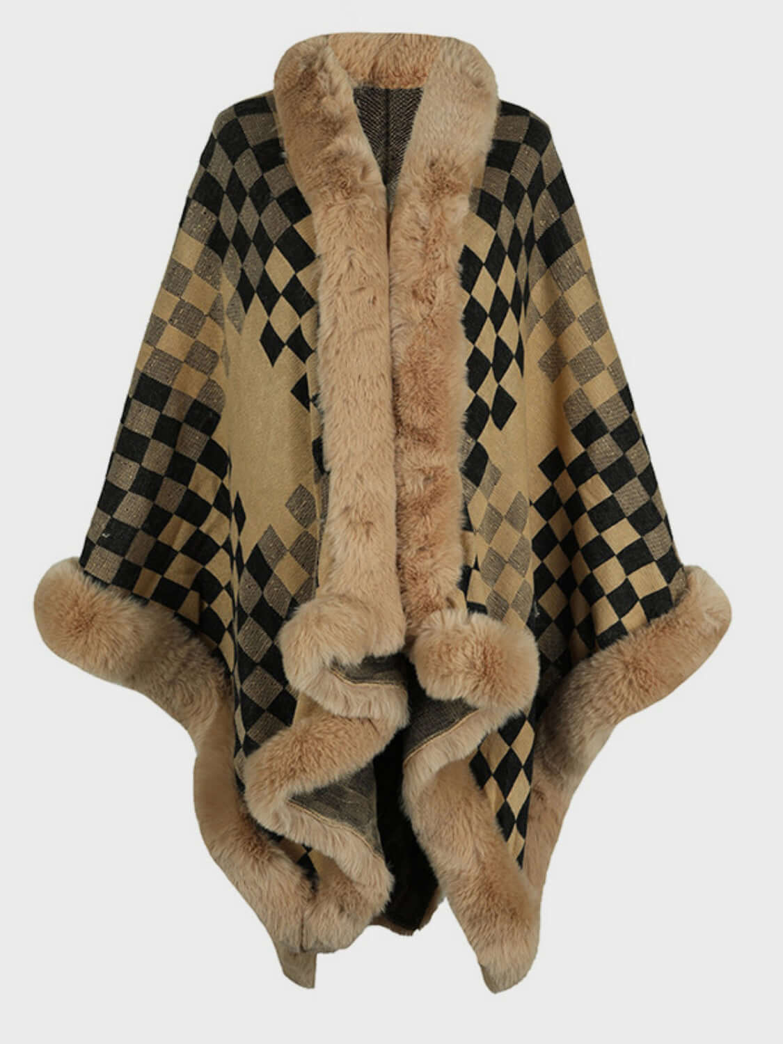 Cozy Bella Road fuzzy checkered poncho with stylish fur trim, perfect for fall warmth and fashion. Available in five colors.