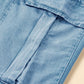 Close-up of Bella Road Denim Cargo Pocket showing light wash fabric and drawstring detail for trendy wide leg jeans.