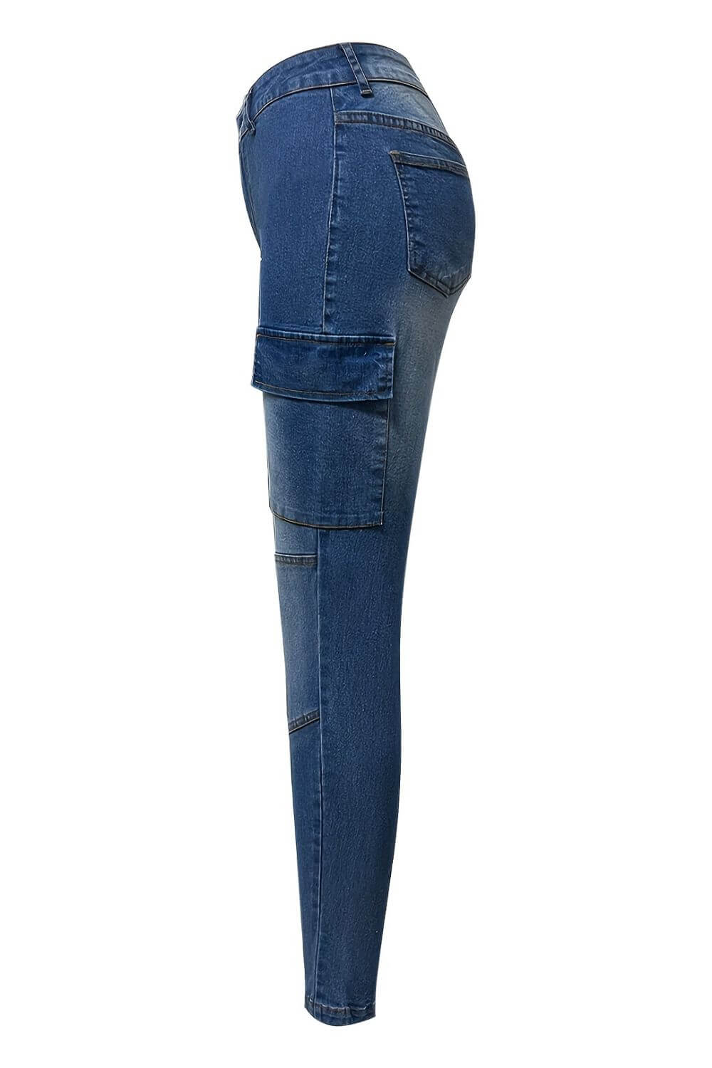 Side view of Bella Road medium wash denim skinny jeans with functional pockets, showcasing modern style and comfort.