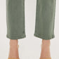 Olive Kancan ultra high-rise straight jeans with tan heels, highlighting vintage style and comfortable stretch denim.