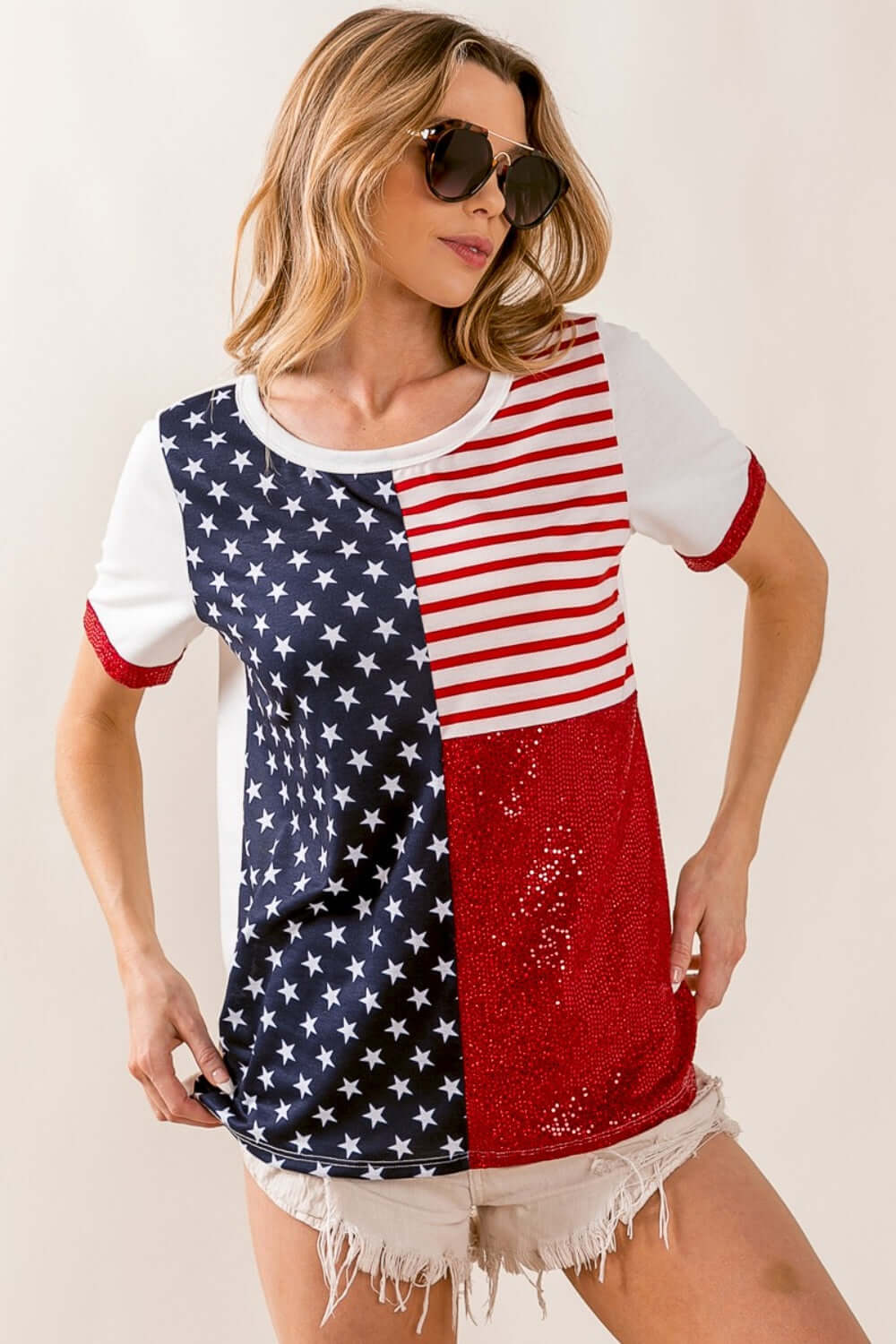 BIBI Star & Stripes Round Neck Short Sleeve T-Shirt at Bella Road