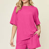 Round Neck Short Sleeve T-Shirt and Shorts Set | Full Size - Hot Pink