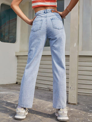 Woman wearing Bella Road High Waist Straight Jeans with pockets, showcasing the back view of the jeans and their stylish fit.