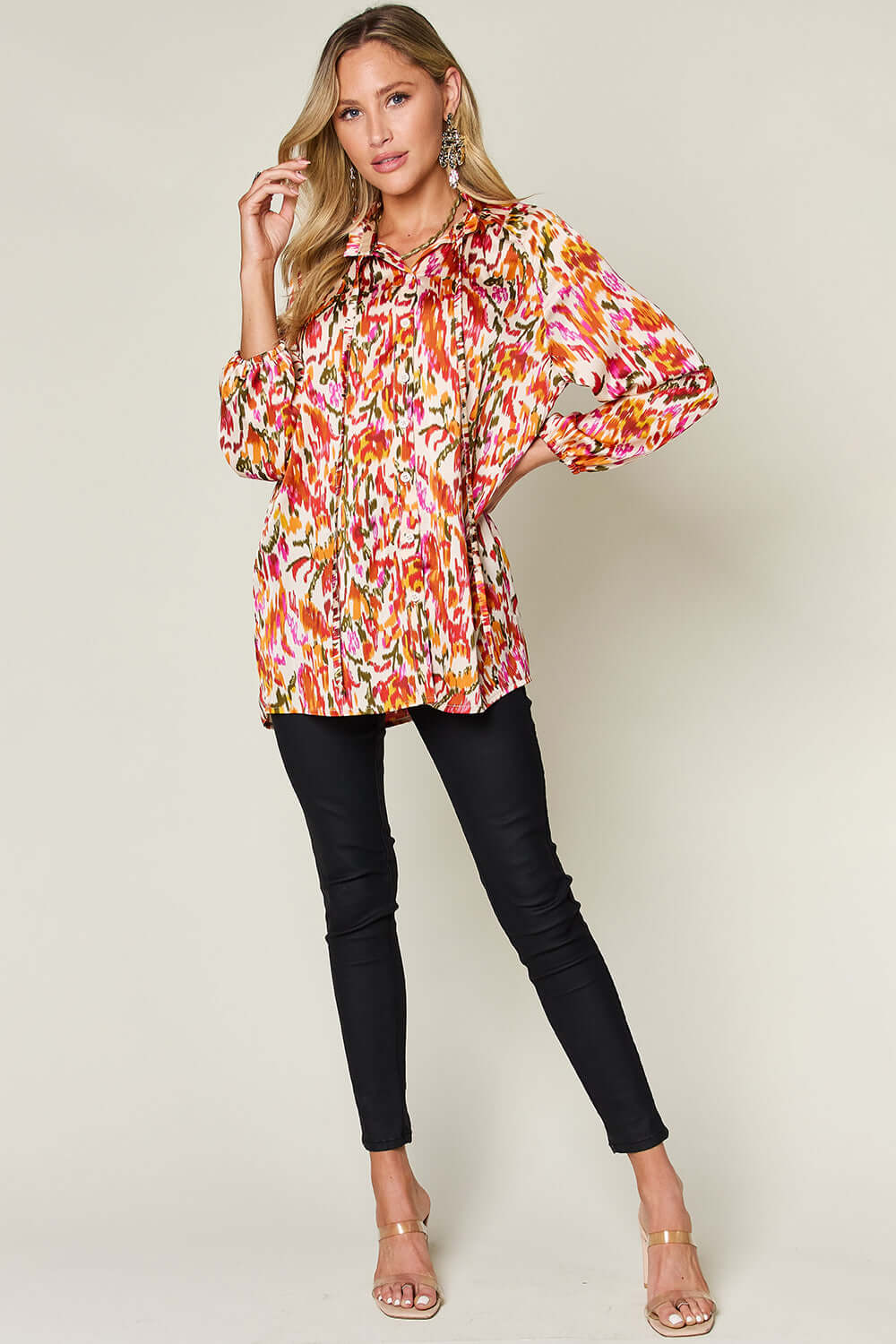 DOUBLE TAKE Full Size Printed Button Up Long Sleeve Shirt at Bella Road