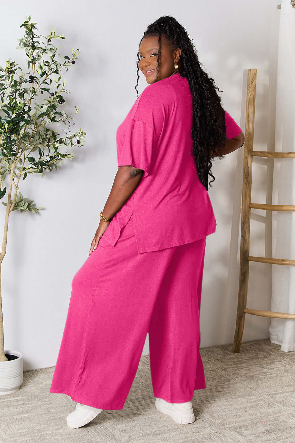 DOUBLE TAKE Full Size Round Neck Slit Top and Pants Set at Bella Road