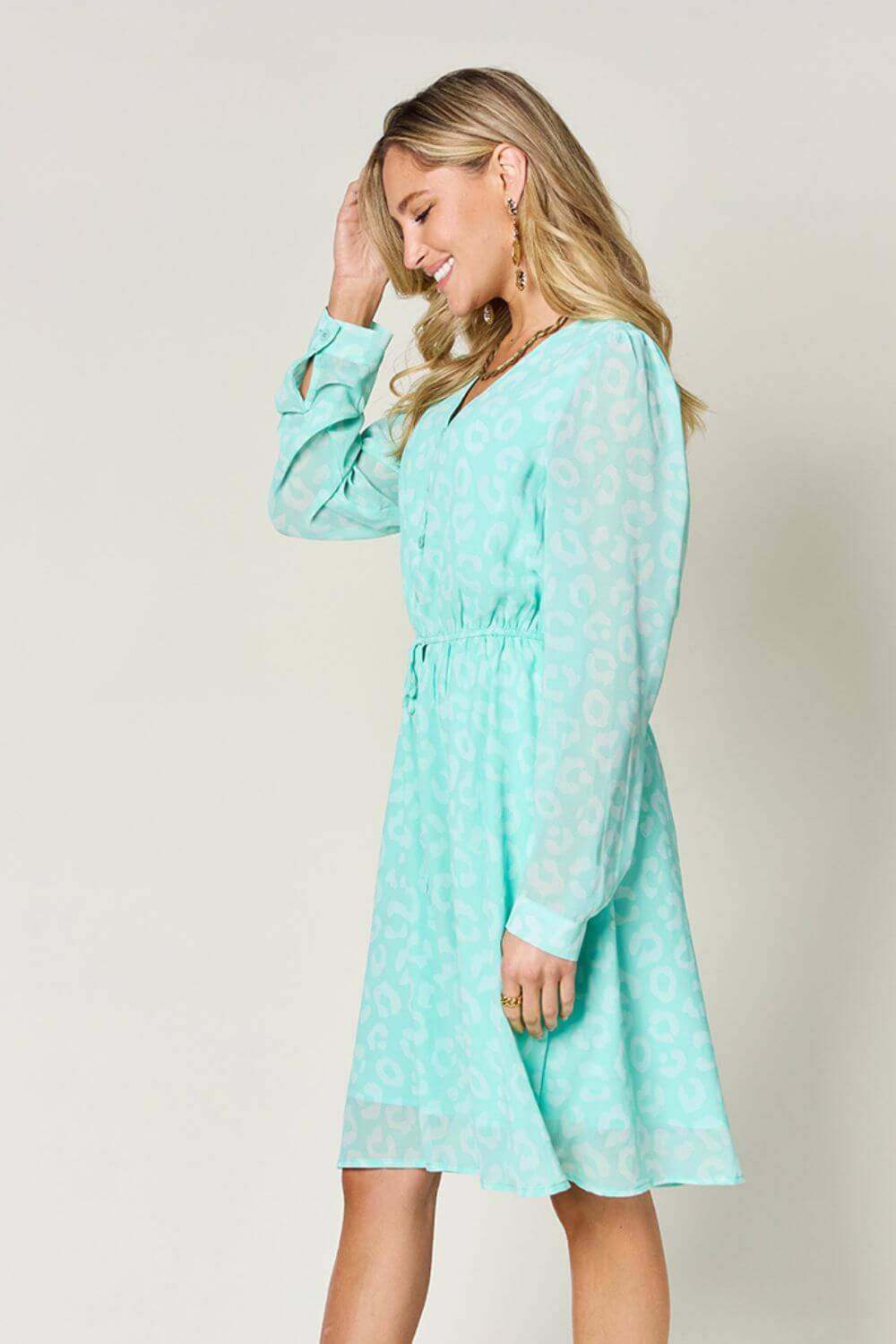 DOUBLE TAKE Full Size Printed Ruched V-Neck Long Sleeve Dress at Bella Road